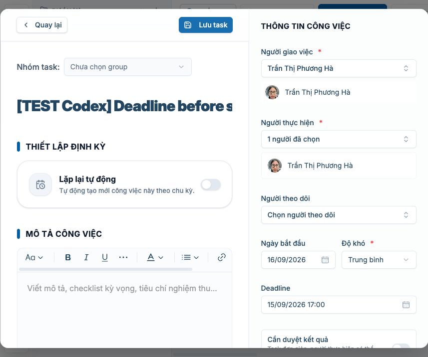 Deadline trước ngày bắt đầu bị chặn nhưng không báo lỗi rõ