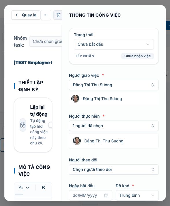 Employee tự tạo task thành công