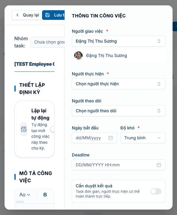 Employee form lưu bật khi thiếu context hoặc assignee