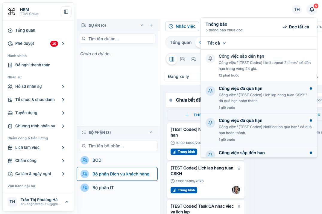 Popup notification bell có 5 thông báo chưa đọc