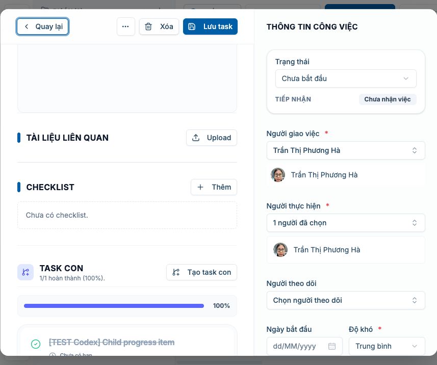 Task cha cập nhật 1 trên 1 sau khi task con hoàn thành