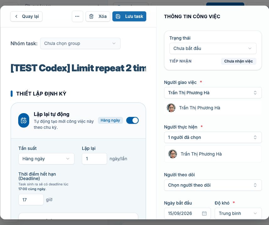 Lịch lặp giới hạn 2 lần sinh đúng 2 task con