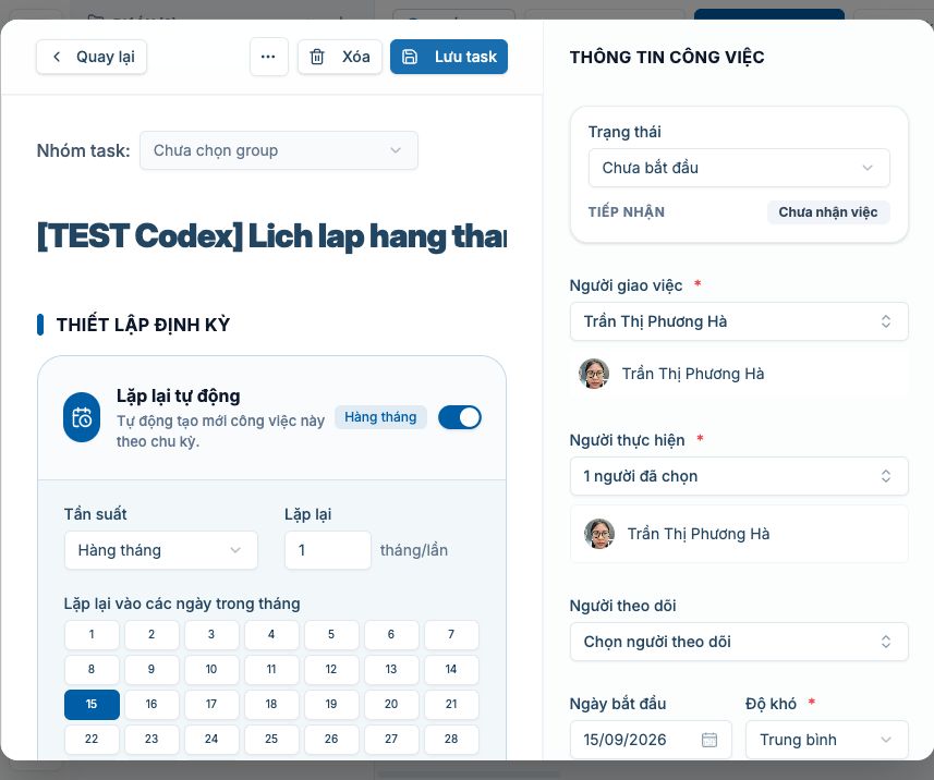 Lịch lặp hàng tháng sinh task con ngày 15